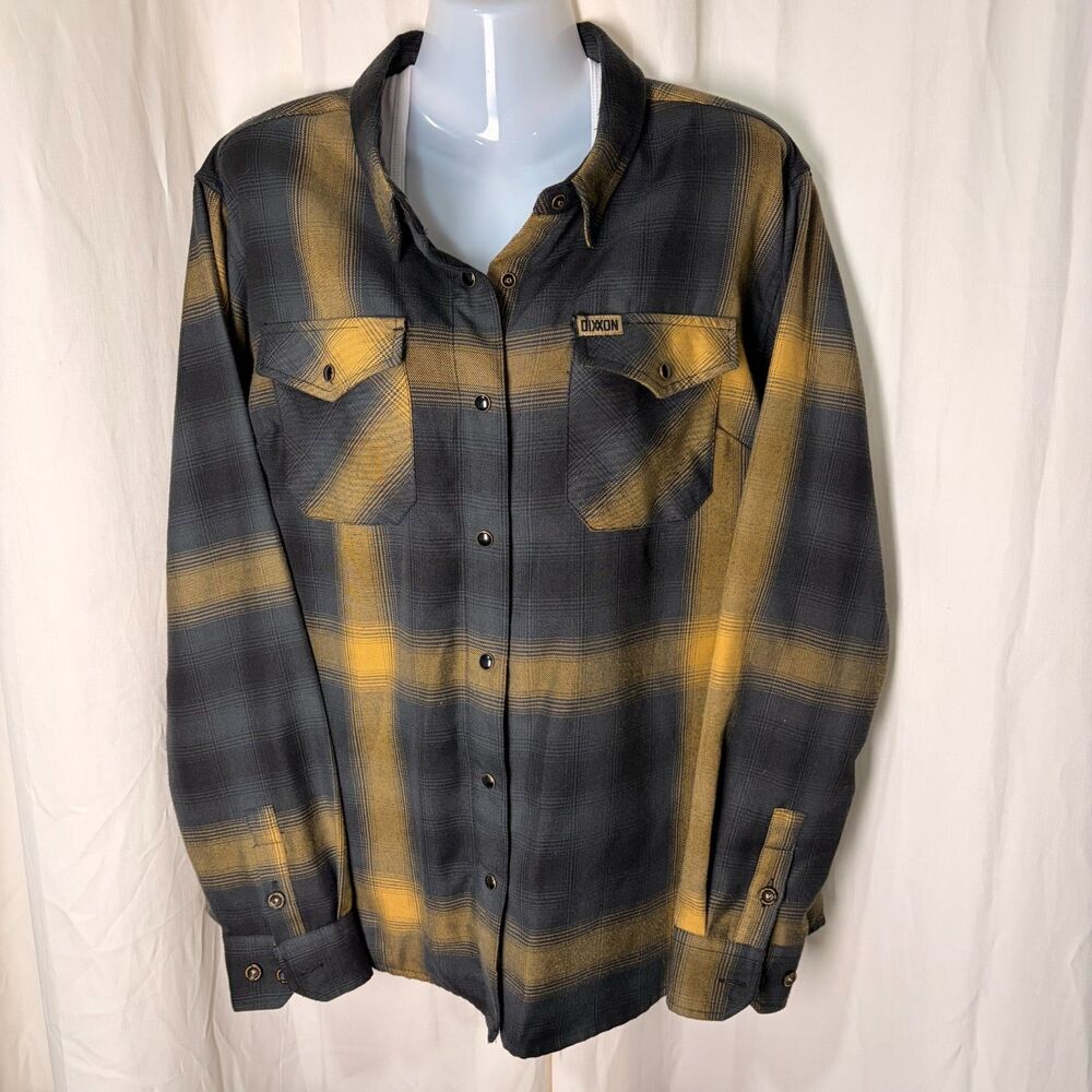 Dixxon Flannel The Panhandle Womens XL Gold Black Gray Plaid D-Tech Snap Button